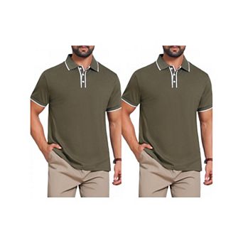 2 Packs Men's Contrast Trim Golf Shirt Short Sleeve Three-Button Closure Knitted Polo Shirts