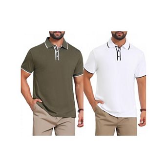 2 Packs Men's Contrast Trim Golf Shirt Short Sleeve Three-Button Closure Knitted Polo Shirts