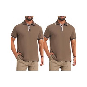 2 Packs Men's Contrast Trim Golf Shirt Short Sleeve Three-Button Closure Knitted Polo Shirts