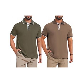 2 Packs Men's Contrast Trim Golf Shirt Short Sleeve Three-Button Closure Knitted Polo Shirts