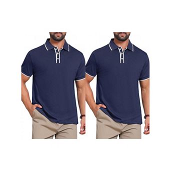 2 Packs Men's Contrast Trim Golf Shirt Short Sleeve Three-Button Closure Knitted Polo Shirts