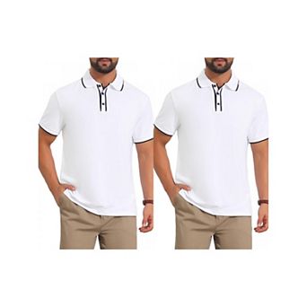 2 Packs Men's Contrast Trim Golf Shirt Short Sleeve Three-Button Closure Knitted Polo Shirts