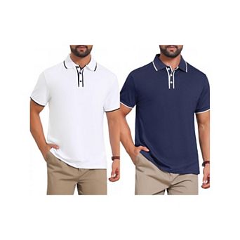 2 Packs Men's Contrast Trim Golf Shirt Short Sleeve Three-Button Closure Knitted Polo Shirts