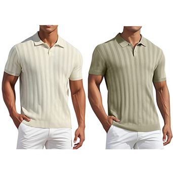 2 Packs Men's Short Sleeve Button Regular Fit Knit Texture Polo Shirt