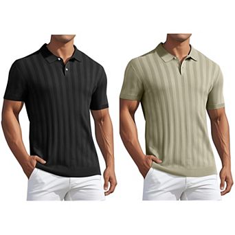 2 Packs Men's Short Sleeve Button Regular Fit Knit Texture Polo Shirt