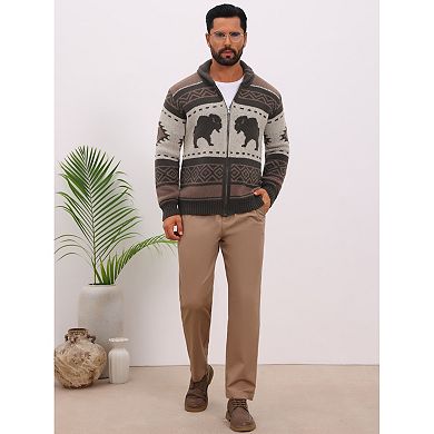 Men's Jacquard Cardigan Sweater Full Zip Fall Winter Outerwear Vintage Knitted Jacket