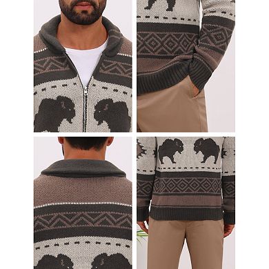 Men's Jacquard Cardigan Sweater Full Zip Fall Winter Outerwear Vintage Knitted Jacket