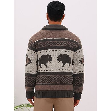 Men's Jacquard Cardigan Sweater Full Zip Fall Winter Outerwear Vintage Knitted Jacket