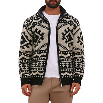 Men's Jacquard Cardigan Sweater Full Zip Fall Winter Outerwear Vintage Knitted Jacket
