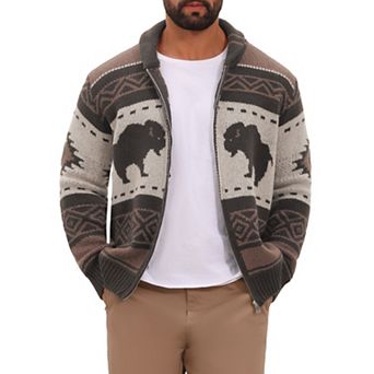 Men's Jacquard Cardigan Sweater Full Zip Fall Winter Outerwear Vintage Knitted Jacket