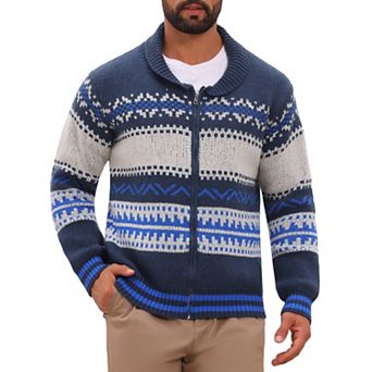 Men's Jacquard Cardigan Sweater Full Zip Fall Winter Outerwear Vintage Knitted Jacket