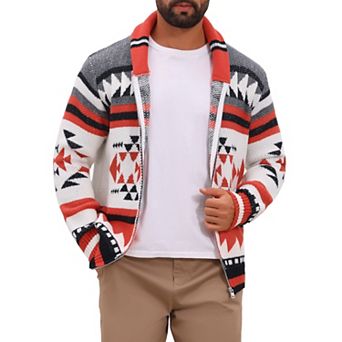 Men's Jacquard Cardigan Sweater Full Zip Fall Winter Outerwear Vintage Knitted Jacket