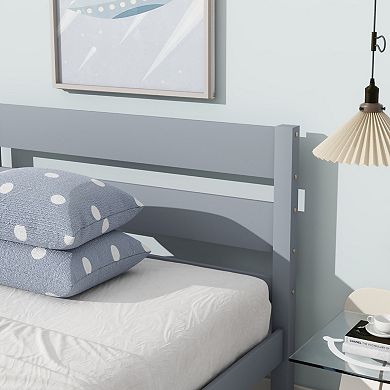Twin Size Wood Platform Bed Frame with Storage, Solid Rubber Wood, No Box Spring Needed
