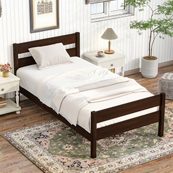 Twin Size Wood Platform Bed Frame with Storage, Solid Rubber Wood, No Box Spring Needed