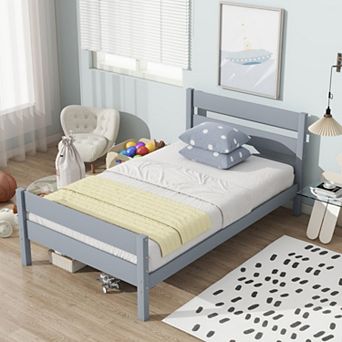 Twin Size Wood Platform Bed Frame with Storage, Solid Rubber Wood, No Box Spring Needed