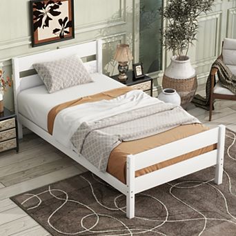 Twin Size Wood Platform Bed Frame with Storage, Solid Rubber Wood, No Box Spring Needed