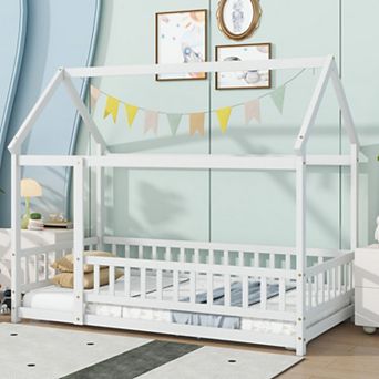 Twin Size Floor Bed, Rubber Wood Frame with Guardrails & Roof, No Box Spring Needed for Boys Girls