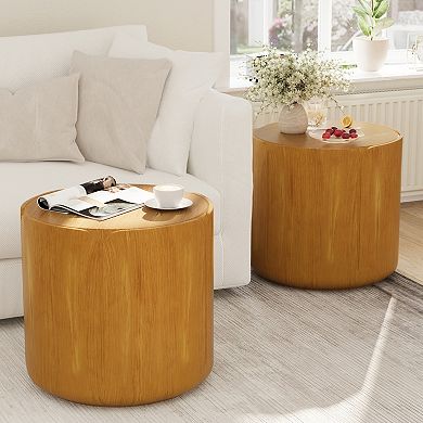 Round Outdoor Indoor Side Table Set Modern Wood Grain Patio Garden Stool Set