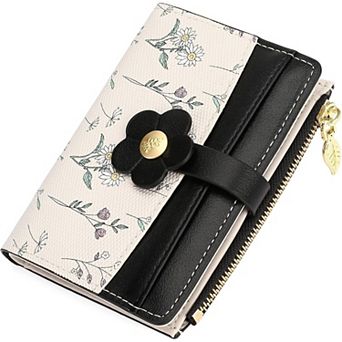 Floral PU Leather Bifold Wallet for Women,RFID Blocking Holder with ID Window,Portable Zipper Pocket