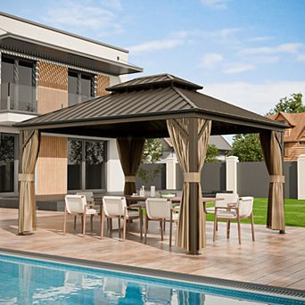 SHADE GRAPHIX 14 ft. x 12 ft. Hardtop Gazebo, Aluminum Outdoor Patio Gazebo w/ Curtain & Netting
