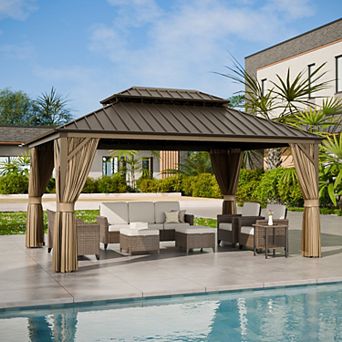 SHADE GRAPHIX 16 ft. x 12 ft. Hardtop Gazebo, Aluminum Outdoor Patio Gazebo w/ Curtain & Netting