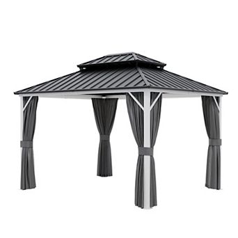 SHADE GRAPHIX 12 ft. W x 10 ft. D Hardtop Gazebo With Double Roof Steel Canopy Curtains & Netting