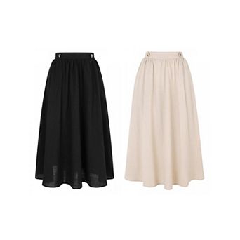 2 Packs Women's Casual Skirt Elastic Waist A Line Midi Skirts Swing Flared Skirt with Pockets