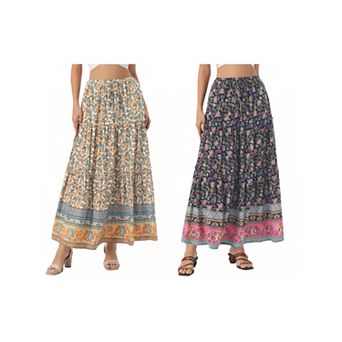 2 Packs Long Skirt for Women's Elastic High Waist Ruffle Floral Print Boho A Line Pockets Maxi Skirt