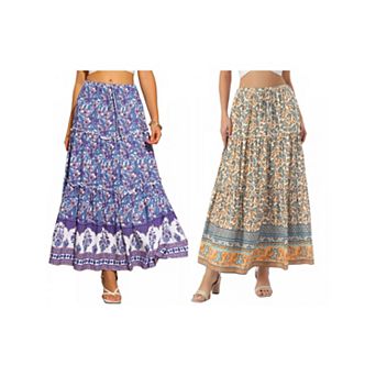 2 Packs Long Skirt for Women's Elastic High Waist Ruffle Floral Print Boho A Line Pockets Maxi Skirt