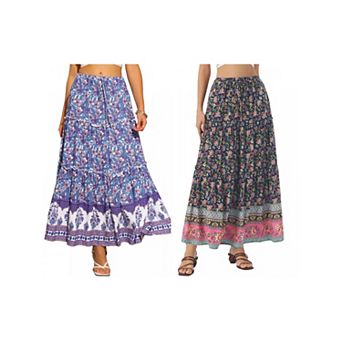 2 Packs Long Skirt for Women's Elastic High Waist Ruffle Floral Print Boho A Line Pockets Maxi Skirt