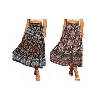 2 Packs Floral Skirts for Women's Boho Elastic High Waist Casual Beach Flowy Maxi Skirt