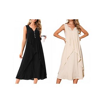 2 Packs Women's Summer Dresses Sleeveless V Neck Button Decor Flowy Maxi Tank Beach Dress