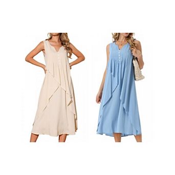 2 Packs Women's Summer Dresses Sleeveless V Neck Button Decor Flowy Maxi Tank Beach Dress