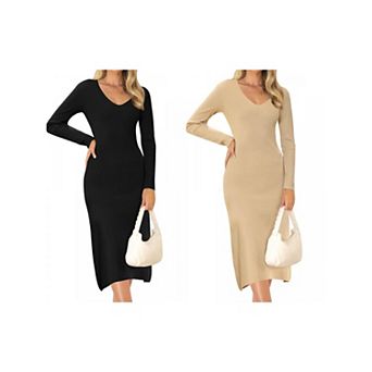 2 Packs Sweater Dress for Women's V Neck Long Sleeve Ribbed Knit Midi Dresses