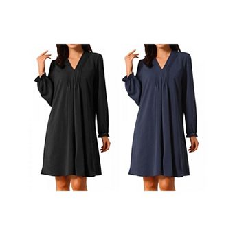 2 Packs Women's Casual Knee Length Dress Long Sleeve V Neck Pleated Flowy Loose Shirt Dress