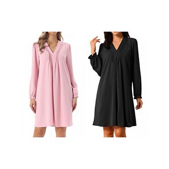 2 Packs Women's Casual Knee Length Dress Long Sleeve V Neck Pleated Flowy Loose Shirt Dress