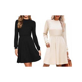 2 Packs Long Sleeve Dress for Women's Casual Crew Neck Ribbed Knit Textured Sweater Dresses
