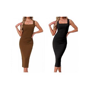2 Packs Sleeveless Dress for Women's Square Neck Waisted Ruched Bodycon Evening Party Midi Dresses