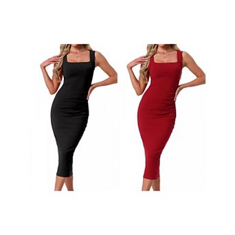 2 Packs Sleeveless Dress for Women's Square Neck Waisted Ruched Bodycon Evening Party Midi Dresses