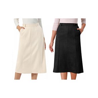 2 Packs Women's Faux Suede Skirts Elastic High Waist A-line Midi Skirt With Pockets