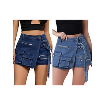 2 Packs Women's Denim Skort Zipper Decor Y2K High Waisted Faux Wrap Jean Skirts