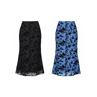 2 Packs Floral Skirt for Women's Elastic High Waist Mesh Fishtail Fall Winter Elegant Midi Skirt