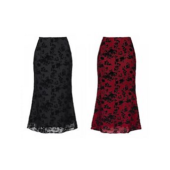 2 Packs Floral Skirt for Women's Elastic High Waist Mesh Fishtail Fall Winter Elegant Midi Skirt