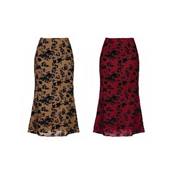 2 Packs Floral Skirt for Women's Elastic High Waist Mesh Fishtail Fall Winter Elegant Midi Skirt
