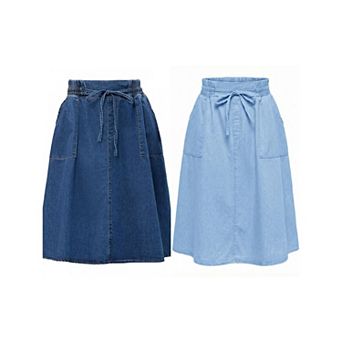 2 Packs Women's Jean Skirts Elastic Waist Casual A-Line Midi Denim Skirt with Pockets