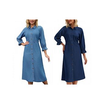 2 Packs Women Denim Dresses Midi Casual Ruffle Long Sleeve Jean Button Down Shirt Dress
