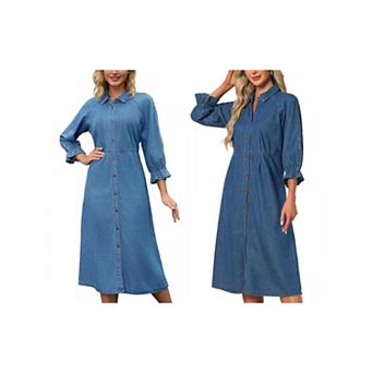 2 Packs Women Denim Dresses Midi Casual Ruffle Long Sleeve Jean Button Down Shirt Dress