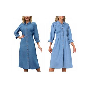 2 Packs Women Denim Dresses Midi Casual Ruffle Long Sleeve Jean Button Down Shirt Dress