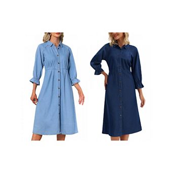 2 Packs Women Denim Dresses Midi Casual Ruffle Long Sleeve Jean Button Down Shirt Dress
