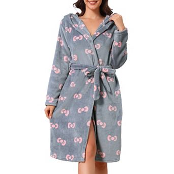 Women's Fleece Robe Heart Bow Patten Fluffy Fuzzy Warm Long Sleeve Hooded Nightgown Spa Bathrobe